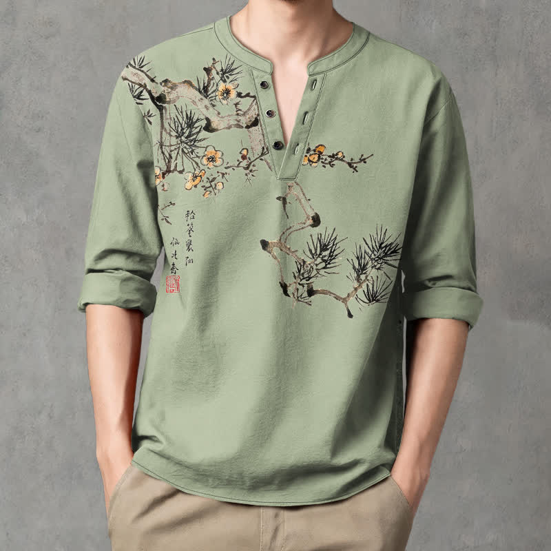 Buddha Stones Cotton Ink Pine Yellow Flowers Pattern V-Neck Buttons Men's Long Sleeve Shirts - DarkSeaGreen - US/UK/AU48，EU58 (4XL) - image 7