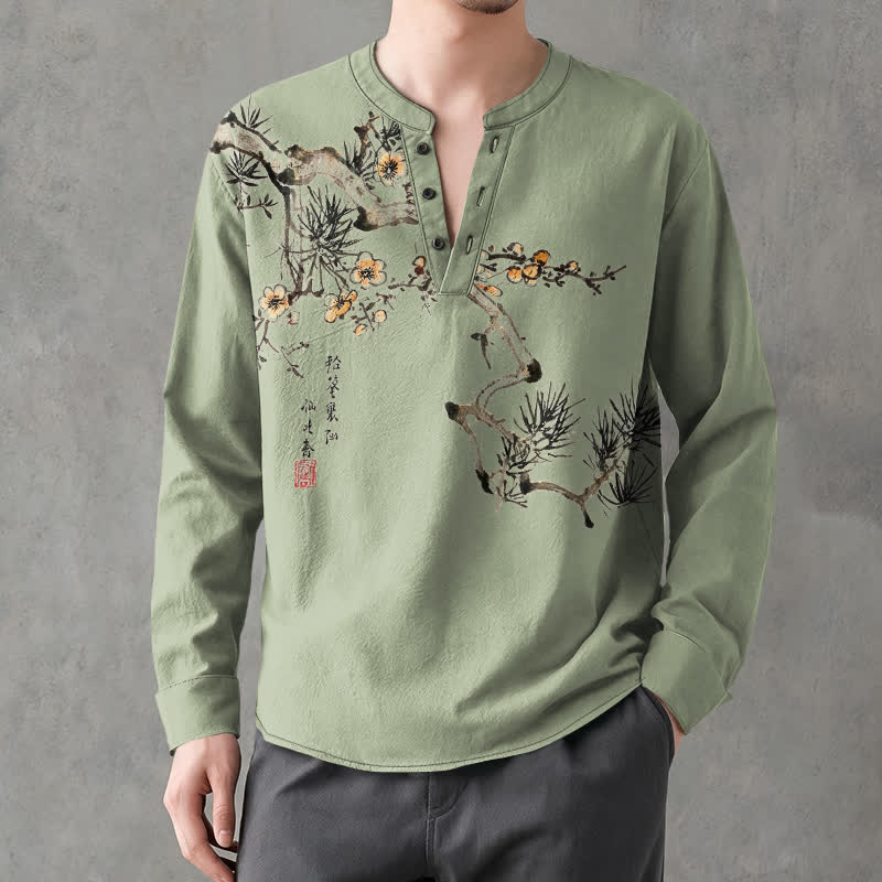 Buddha Stones Cotton Ink Pine Yellow Flowers Pattern V-Neck Buttons Men's Long Sleeve Shirts - image 8