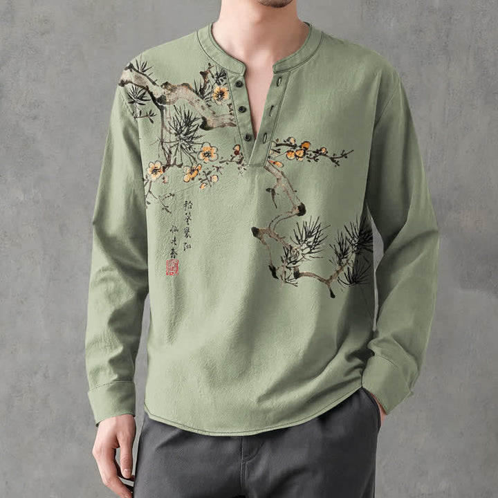 Buddha Stones Cotton Ink Pine Yellow Flowers Pattern V-Neck Buttons Men's Long Sleeve Shirts - image 8