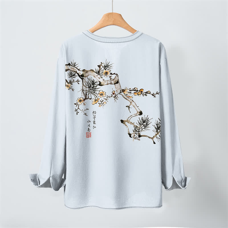 Buddha Stones Cotton Ink Pine Yellow Flowers Pattern V-Neck Buttons Men's Long Sleeve Shirts - image 17