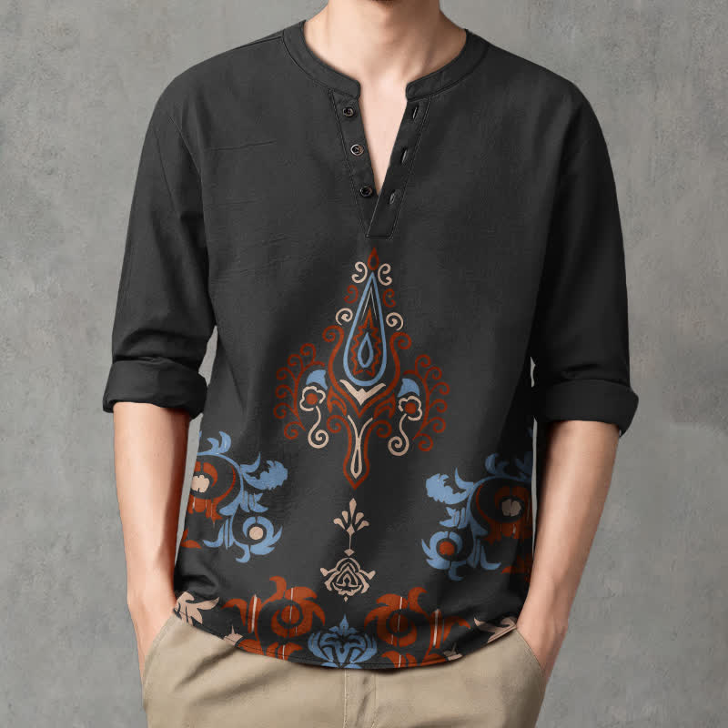 Buddha Stones Cotton Tribal Multicolored Geometric Pattern V-Neck Buttons Men's Long Sleeve Shirts - image 8