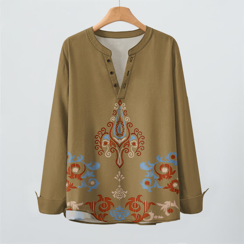 Buddha Stones Cotton Tribal Multicolored Geometric Pattern V-Neck Buttons Men's Long Sleeve Shirts - image 16