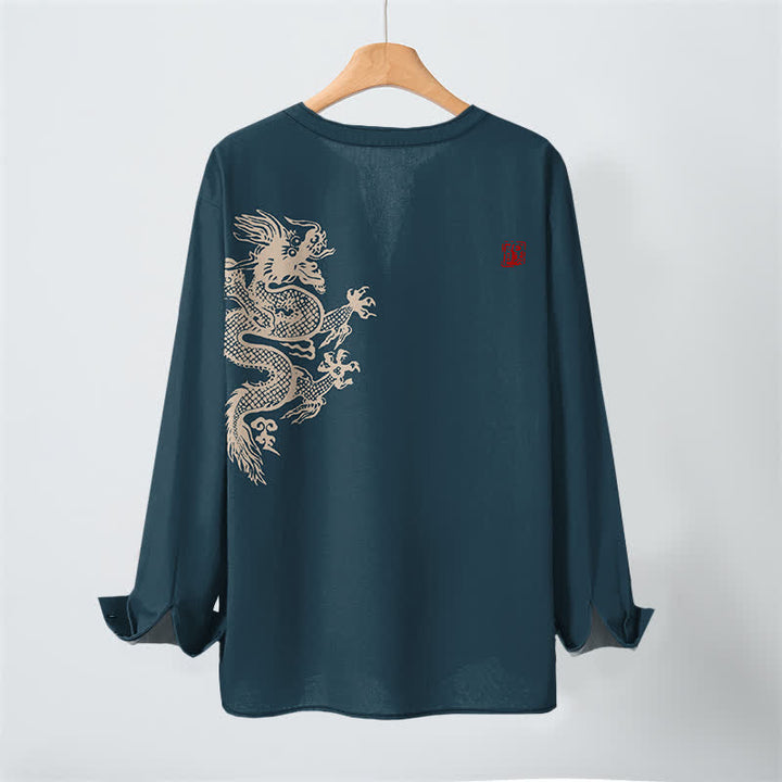 Buddha Stones Cotton Dragon Seal Pattern V-Neck Buttons Men's Long Sleeve Shirts - image 10