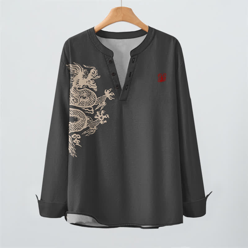 Buddha Stones Cotton Dragon Seal Pattern V-Neck Buttons Men's Long Sleeve Shirts - image 16