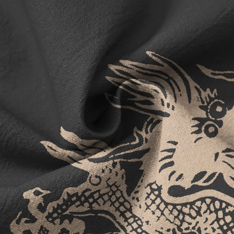 Buddha Stones Cotton Dragon Seal Pattern V-Neck Buttons Men's Long Sleeve Shirts - image 20
