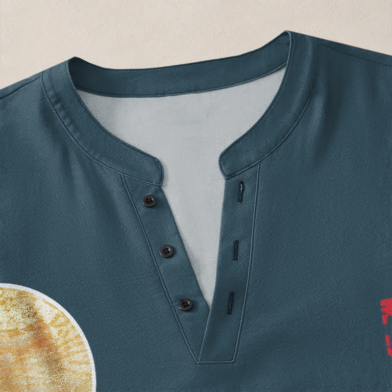 Buddha Stones Cotton Ocean Wave Sailboat Moon Pattern V-Neck Buttons Men's Long Sleeve Shirts - image 4