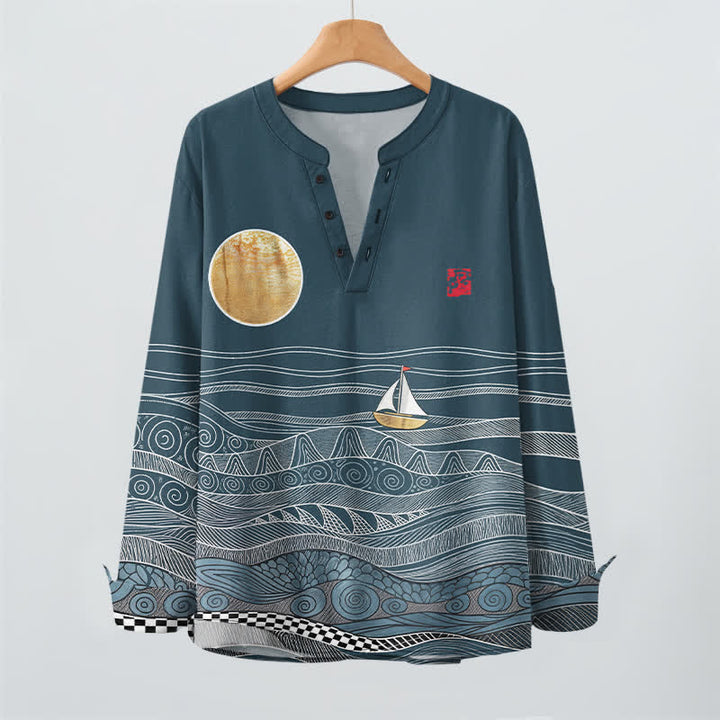 Buddha Stones Cotton Ocean Wave Sailboat Moon Pattern V-Neck Buttons Men's Long Sleeve Shirts - image 2