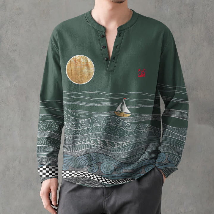 Buddha Stones Cotton Ocean Wave Sailboat Moon Pattern V-Neck Buttons Men's Long Sleeve Shirts - SeaGreen - US/UK/AU48，EU58 (4XL) - image 14