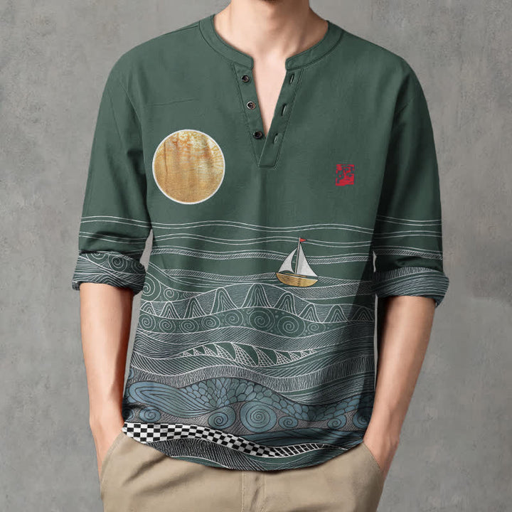Buddha Stones Cotton Ocean Wave Sailboat Moon Pattern V-Neck Buttons Men's Long Sleeve Shirts - image 15