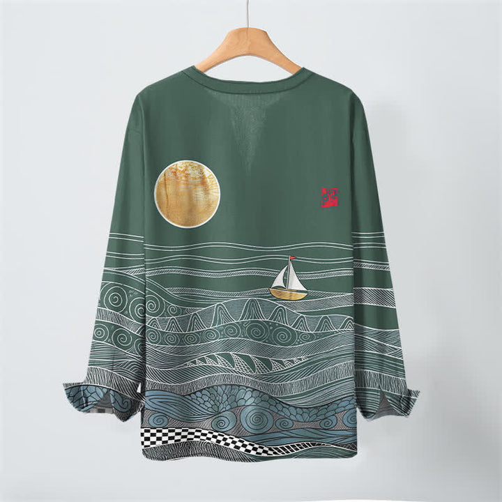 Buddha Stones Cotton Ocean Wave Sailboat Moon Pattern V-Neck Buttons Men's Long Sleeve Shirts - image 17