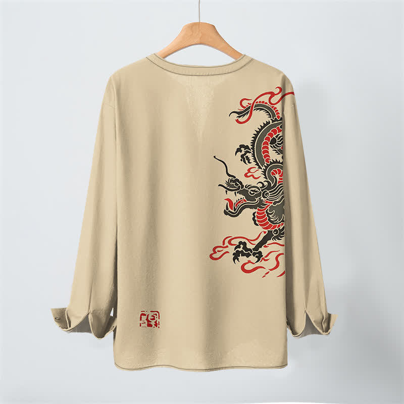 Buddha Stones Cotton Eastern Dragon Flame Pattern V-Neck Buttons Men's Long Sleeve Shirts - image 17