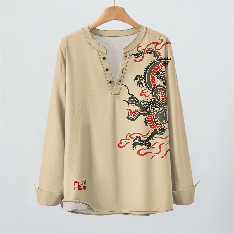 Buddha Stones Cotton Eastern Dragon Flame Pattern V-Neck Buttons Men's Long Sleeve Shirts - image 16