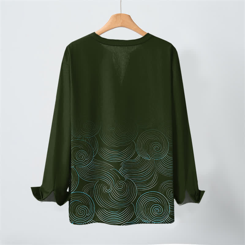 Buddha Stones Cotton Ocean Wave Spiral Pattern V-Neck Buttons Men's Long Sleeve Shirts - image 10