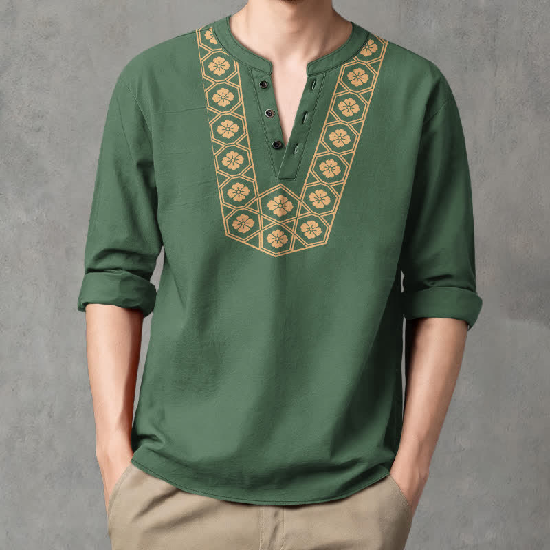 Buddha Stones Cotton Ethnic Flower Grid Pattern V-Neck Buttons Men's Long Sleeve Shirts - ForestGreen - US/UK/AU48，EU58 (4XL) - image 7
