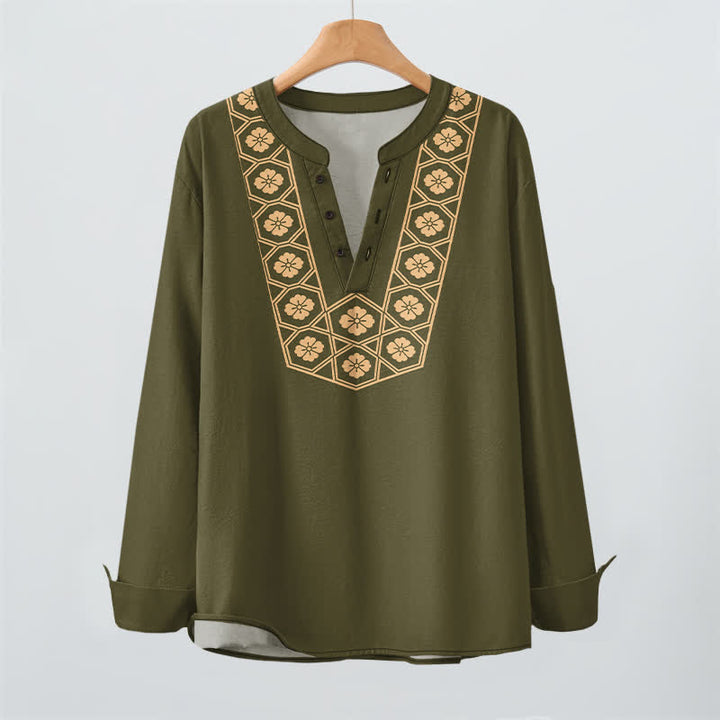Buddha Stones Cotton Ethnic Flower Grid Pattern V-Neck Buttons Men's Long Sleeve Shirts - image 16