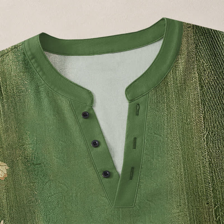 Buddha Stones Cotton Vintage Floral Vine Pattern V-Neck Buttons Men's Long Sleeve Shirts - image 18
