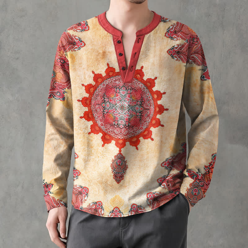 Buddha Stones Cotton Ethnic Paisley Mandala Flower Pattern V-Neck Buttons Men's Long Sleeve Shirts - image 1