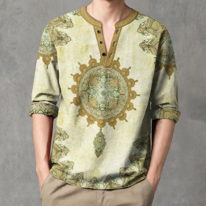 Buddha Stones Cotton Ethnic Paisley Mandala Flower Pattern V-Neck Buttons Men's Long Sleeve Shirts - Honeydew - US/UK/AU48，EU58 (4XL) - image 7