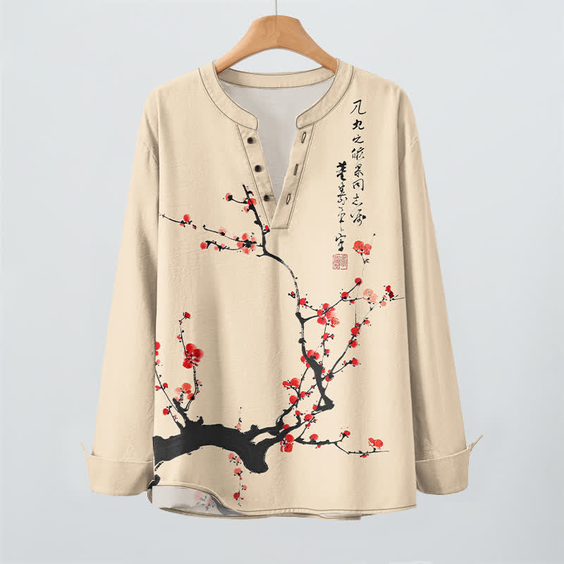 Buddha Stones Cotton Ink Red Plum Blossom Pattern V-Neck Buttons Men's Long Sleeve Shirts - image 9