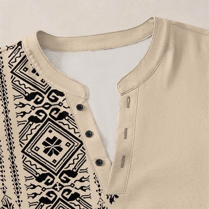 Buddha Stones Cotton Bohemian Square Geometric Pattern V-Neck Buttons Men's Long Sleeve Shirts - image 4
