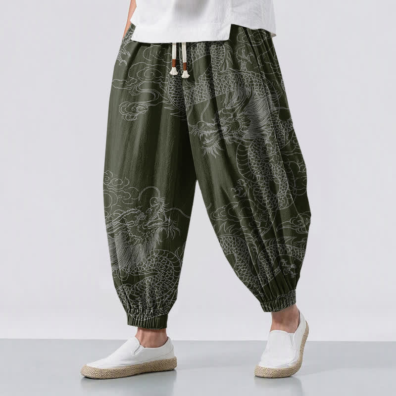 Buddha Stones Pure Cotton Dragon Auspicious Clouds Pattern Drawstring Men's Harem Pants With Pockets - DarkOliveGreen - US/UK/AU50，EU60 (5XL) - image 6