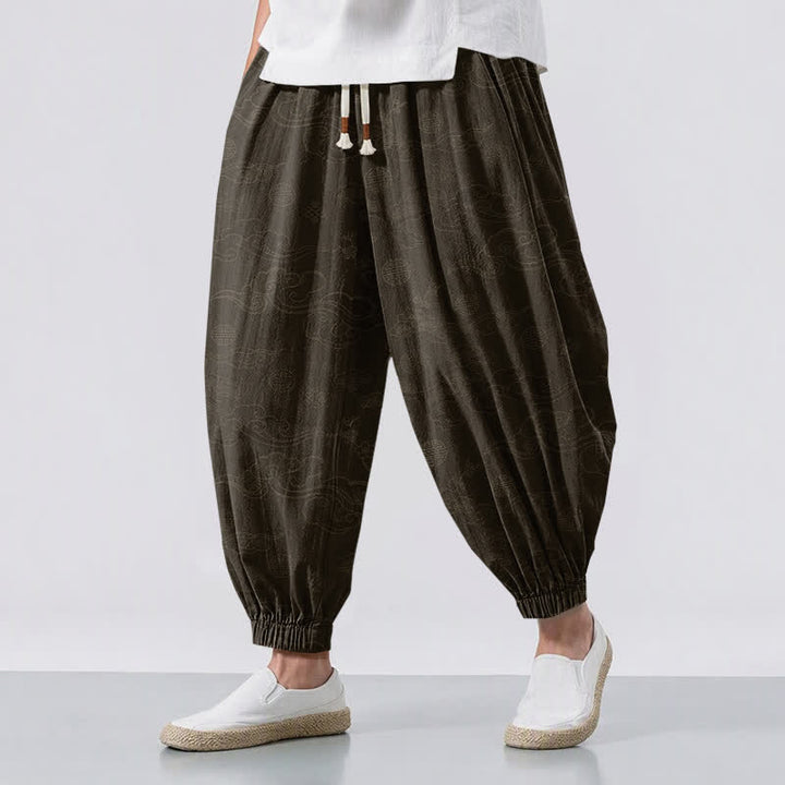 Buddha Stones Pure Cotton Traditional Cloud Medallion Pattern Drawstring Men's Harem Pants With Pockets - SaddleBrown - US/UK/AU50，EU60 (5XL) - image 0