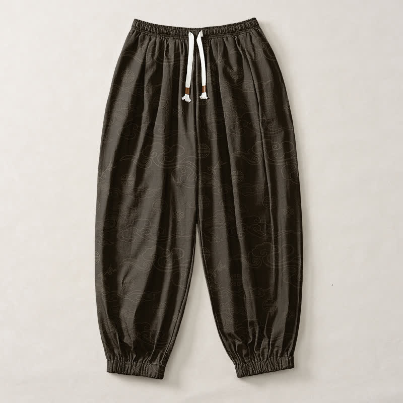 Buddha Stones Pure Cotton Traditional Cloud Medallion Pattern Drawstring Men's Harem Pants With Pockets - image 1