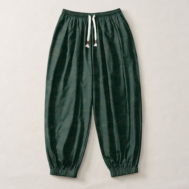 Buddha Stones Pure Cotton Traditional Cloud Medallion Pattern Drawstring Men's Harem Pants With Pockets - image 7