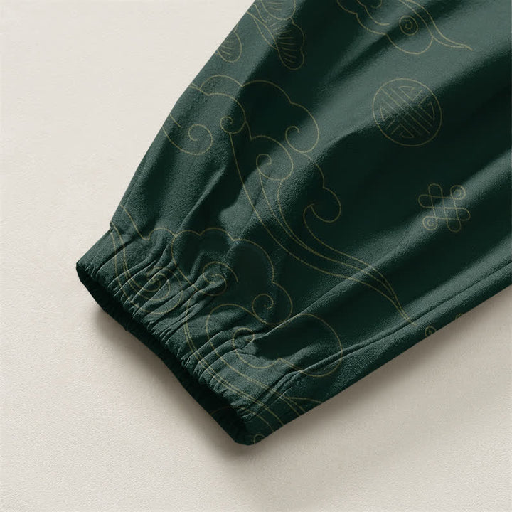 Buddha Stones Pure Cotton Traditional Cloud Medallion Pattern Drawstring Men's Harem Pants With Pockets - image 10