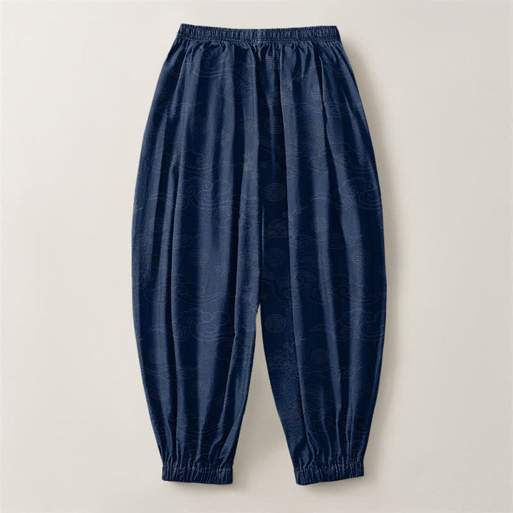 Buddha Stones Pure Cotton Traditional Cloud Medallion Pattern Drawstring Men's Harem Pants With Pockets - image 14