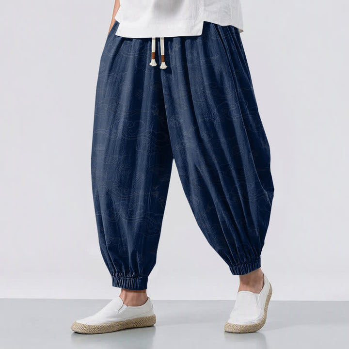 Buddha Stones Pure Cotton Traditional Cloud Medallion Pattern Drawstring Men's Harem Pants With Pockets - Navy - US/UK/AU50，EU60 (5XL) - image 12