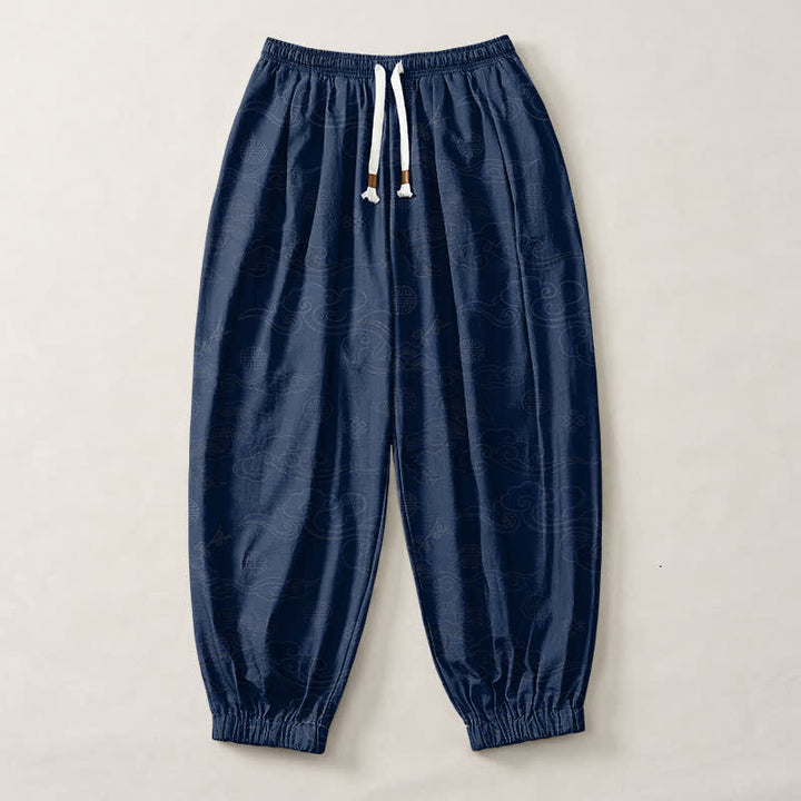 Buddha Stones Pure Cotton Traditional Cloud Medallion Pattern Drawstring Men's Harem Pants With Pockets - image 13