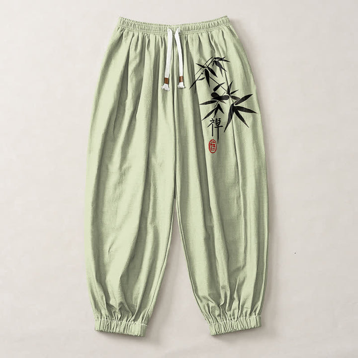 Buddha Stones Pure Cotton Ink Bamboo Pattern Drawstring Men's Harem Pants With Pockets - image 7