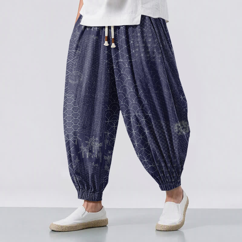Buddha Stones Pure Cotton Geometric Wave Pattern Drawstring Men's Harem Pants With Pockets - DarkSlateBlue - US/UK/AU50，EU60 (5XL) - image 6
