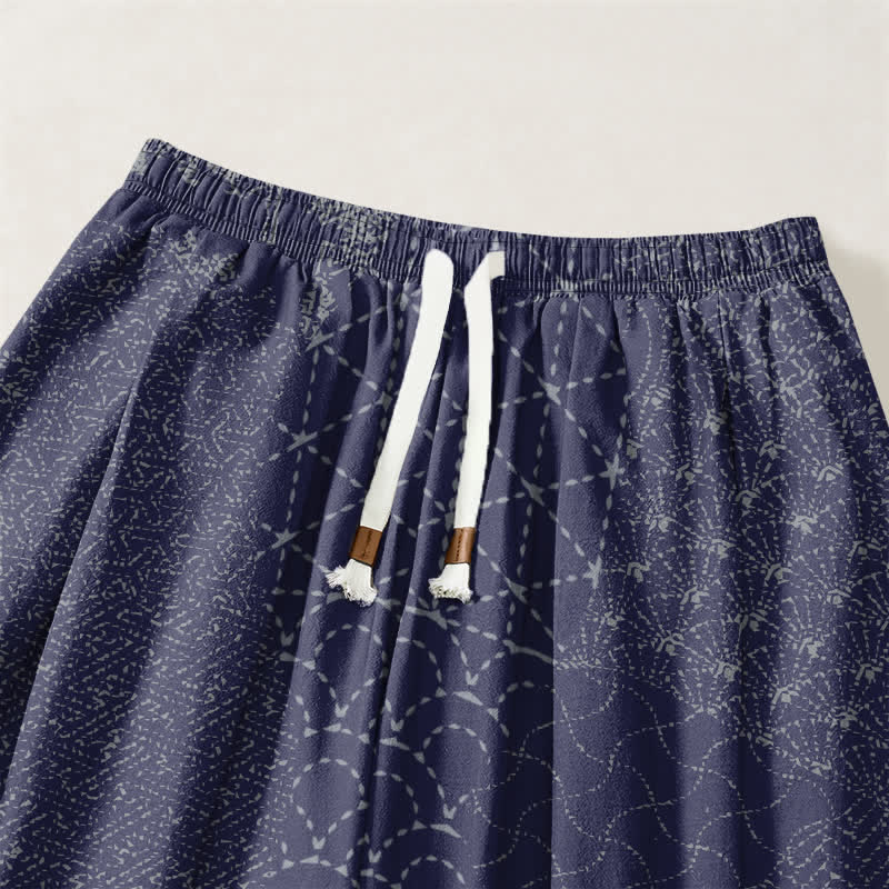 Buddha Stones Pure Cotton Geometric Wave Pattern Drawstring Men's Harem Pants With Pockets - image 9