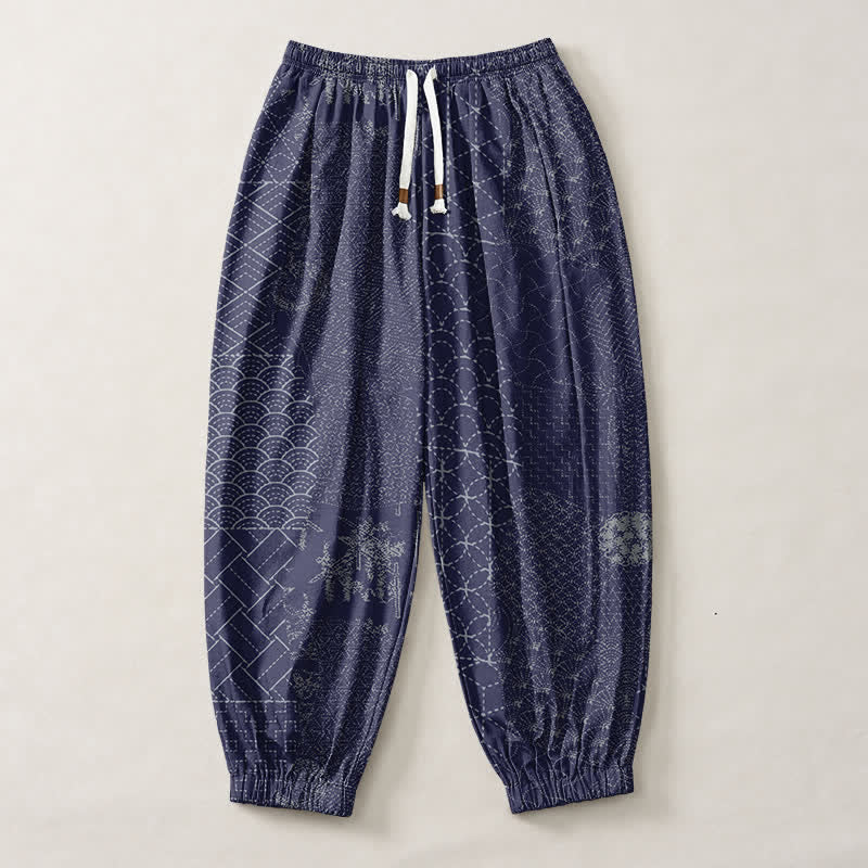 Buddha Stones Pure Cotton Geometric Wave Pattern Drawstring Men's Harem Pants With Pockets - image 7