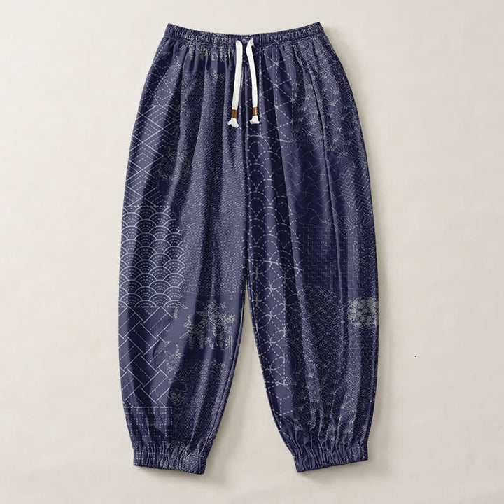 Buddha Stones Pure Cotton Geometric Wave Pattern Drawstring Men's Harem Pants With Pockets - image 7