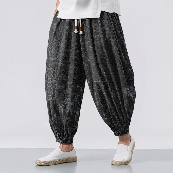 Buddha Stones Pure Cotton Geometric Wave Pattern Drawstring Men's Harem Pants With Pockets - Black - US/UK/AU50，EU60 (5XL) - image 12