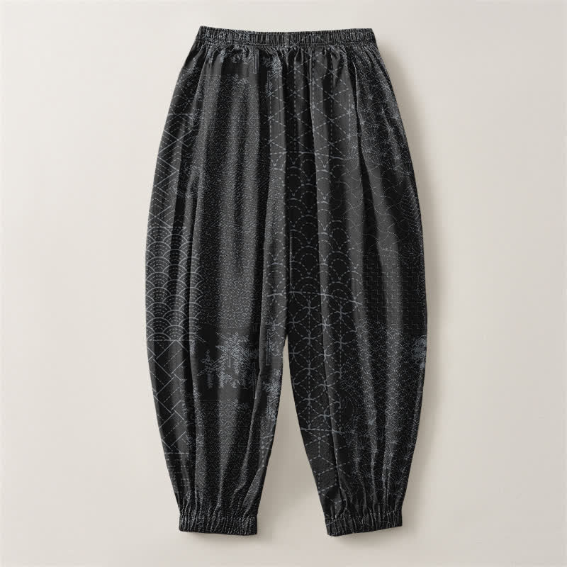 Buddha Stones Pure Cotton Geometric Wave Pattern Drawstring Men's Harem Pants With Pockets - image 14