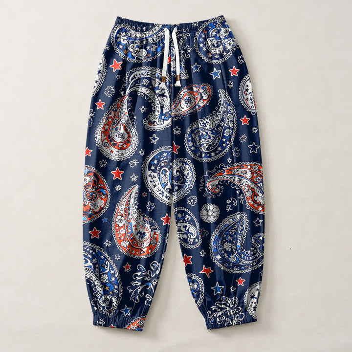 Buddha Stones Pure Cotton Paisley Star Pattern Drawstring Men's Harem Pants With Pockets - image 1