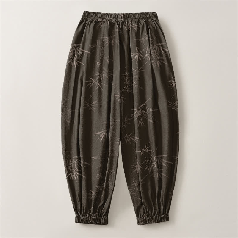 Buddha Stones Pure Cotton Bamboo Leaf Pattern Drawstring Men's Harem Pants With Pockets - image 2