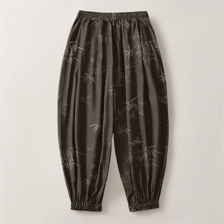 Buddha Stones Pure Cotton Bamboo Leaf Pattern Drawstring Men's Harem Pants With Pockets - image 2