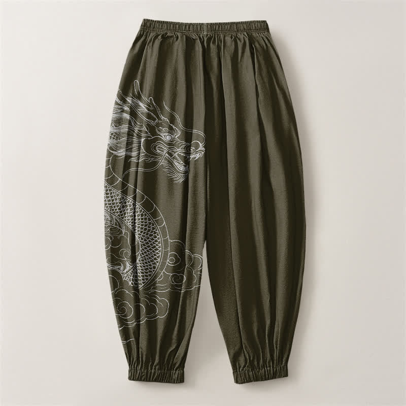 Buddha Stones Pure Cotton White Dragon Clouds Pattern Drawstring Men's Harem Pants With Pockets - image 2