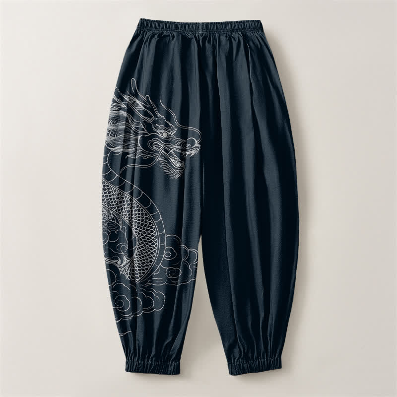 Buddha Stones Pure Cotton White Dragon Clouds Pattern Drawstring Men's Harem Pants With Pockets - image 8