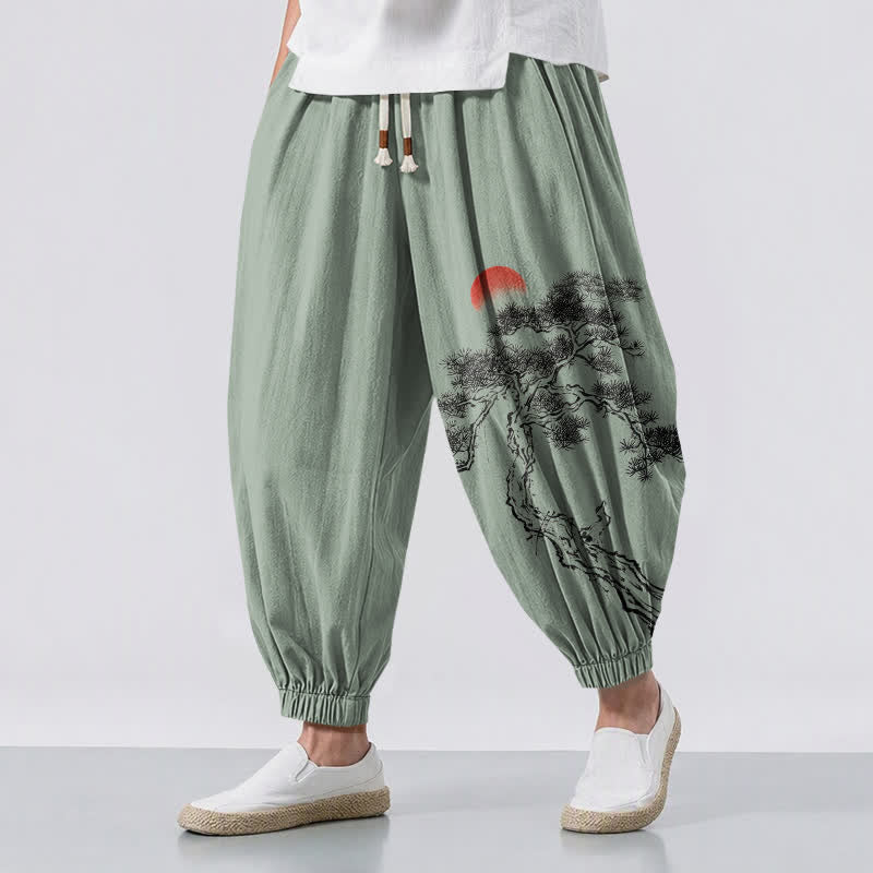 Buddha Stones Pure Cotton Ink Pine Tree Sun Pattern Drawstring Men's Harem Pants With Pockets - DarkSeaGreen - US/UK/AU50，EU60 (5XL) - image 12