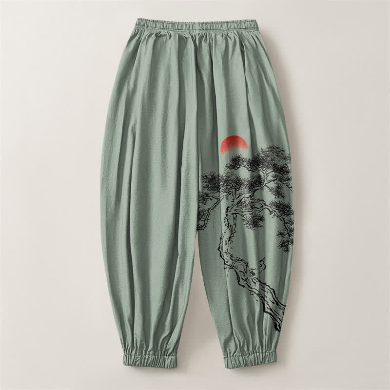Buddha Stones Pure Cotton Ink Pine Tree Sun Pattern Drawstring Men's Harem Pants With Pockets - image 14
