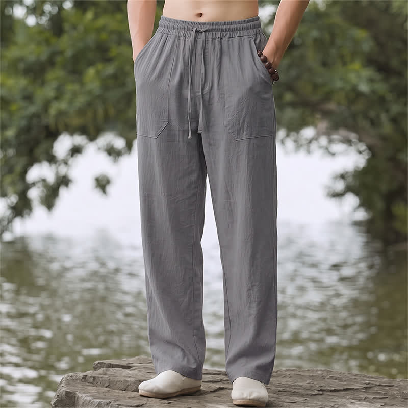 Buddha Stones Spring Summer Classic Minimalist Drawstring Solid Long Pants Men's Straight Leg Pants With Pockets - Gray - US/UK/AU44, EU54 (3XL) - image 16