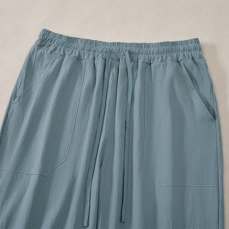 Buddha Stones Spring Summer Classic Minimalist Drawstring Solid Long Pants Men's Straight Leg Pants With Pockets - image 12