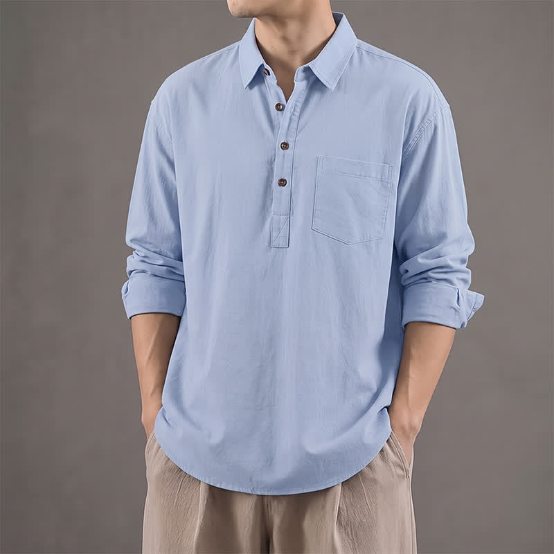 Buddha Stones Spring Fall Casual Button-Up Solid Cotton Men's Long Sleeve Shirts With Patch Pocket - LightSkyBlue - US/UK/AU42, EU52 (3XL) - image 20