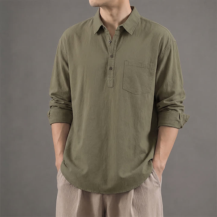 Buddha Stones Spring Fall Casual Button-Up Solid Cotton Men's Long Sleeve Shirts With Patch Pocket - DarkOliveGreen - US/UK/AU42, EU52 (3XL) - image 0